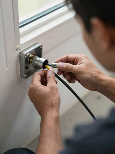 Close-up over-the-shoulder view of a technician's hands routing low-voltage cable through a wall bracket, natural light from a nearby window, concrete floor visible below, matte metal conduit fittings in frame