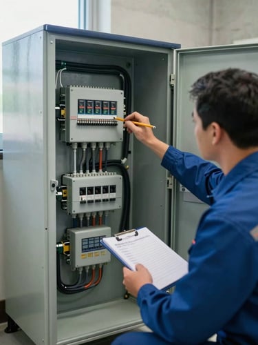 Over-the-shoulder view of a technician kneeling beside an open electrical panel, tracing conduit runs with a pencil and notepad, natural window light from the left, concrete wall in background, no staging