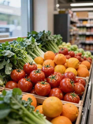 Close-up documentary shot of hortifrúti display bins overflowing with tomatoes, leafy greens and oranges, natural window light from the left, textures vivid and real, no people, ambient supermarket background