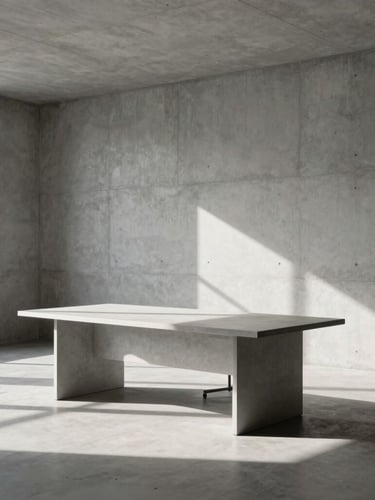 Wide shot of a minimalist architectural workspace with clean concrete lines, high-contrast natural light casting sharp geometric shadows across a large empty desk, Swiss editorial aesthetic.