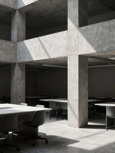 A stark, high-contrast architectural workspace with clean concrete lines, captured in sharp morning light with deep shadows, emphasizing structured order.