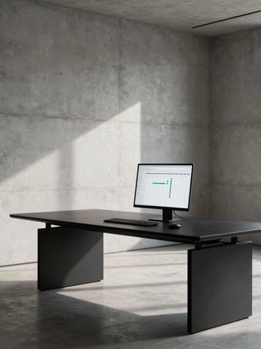 Stark architectural office interior, concrete walls, minimalist black desk with a single clean digital interface showing structured charts, sharp natural side-light, high-contrast shadows.