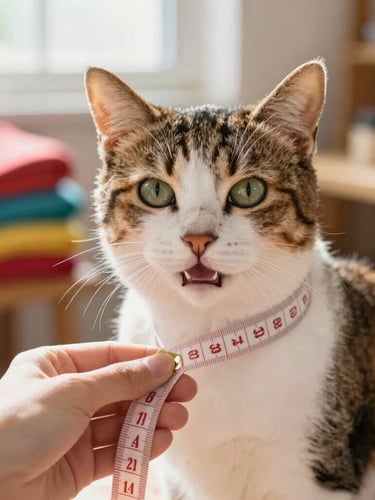 Close-up of a tailor measuring a calm, happy cat with a soft tape measure, warm natural workshop light, colorful fabrics in the background, shallow depth of field