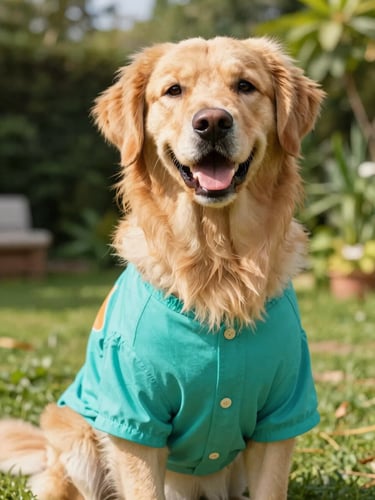 A happy golden retriever wearing a colorful teal summer shirt sitting in a bright sunny garden, eye-level shot, warm natural daylight, vibrant editorial pet photography