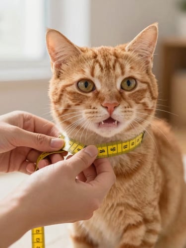 Close up of hands gently measuring a happy ginger cat with a soft yellow tape measure, bright home setting, warm natural daylight, focus on the comfortable fit.