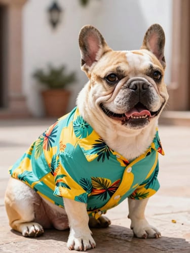 A happy French Bulldog wearing a custom-tailored colorful teal and yellow tropical shirt, sitting comfortably in a bright Mexican courtyard, warm natural daylight, eye-level shot.
