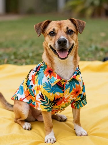 Vibrant editorial pet photography, warm natural daylight, a happy dog wearing a colorful tropical Hawaiian shirt sitting on a bright yellow blanket, shallow depth of field, eye-level shot