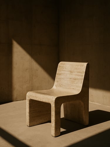 A single sculptural travertine chair in an empty raw concrete room, harsh high-contrast desert sunlight casting long dramatic shadows on sand-colored walls, medium format film.