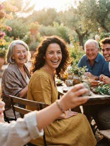 Warm cinematic photography of a multi-generational family laughing together in a sun-drenched garden, soft terracotta and sand tones, shallow depth of field, 35mm, candid interaction, golden-hour natural light, woman's face partially visible, child's hand in foreground.