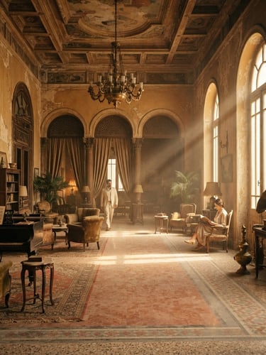 Wide environmental shot of a grand 1920s Cairo salon with high ceilings, dramatic golden-hour window light casting long shadows across peeling plaster walls and worn terrazzo floors, cinematic editorial photography, warm dusty ochre tones, 35mm film grain.
