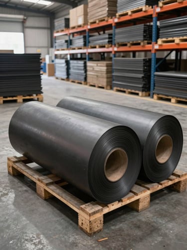 Wide shot of industrial rubber sheet rolls and banded product stacks on warehouse pallets under mixed fluorescent and daylight, material texture visible on cut edges, organized storage area with clear aisle space, depth perspective into shelving rows