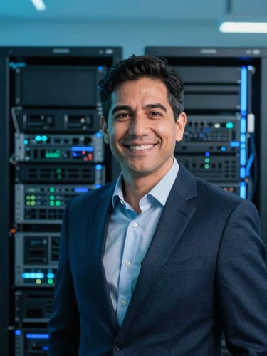 Professional, warm portrait of Steven Asanza, a tech executive in a modern Guayaquil office, cool-toned studio lighting with soft cyan and deep blue accents, 35mm