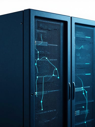 Abstract, clean representation of secure data flows and server architecture, deep blue and cyan lighting, high contrast, sharp focus, 35mm