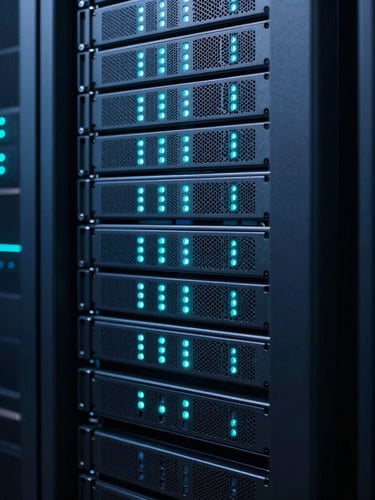 Sleek modern server rack with glowing cyan status lights in a dark data center, high contrast, sharp focus, 35mm