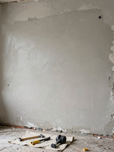 Wide environmental shot, natural daylight, a freshly patched exterior wall — cement smoothed flush, paint matched, tools laid on a drop cloth in the foreground, no people visible, full context of the repair site showing before-grime line at edge
