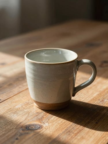 A single handmade ceramic mug resting on a rustic wooden table, soft morning light casting long shadows.