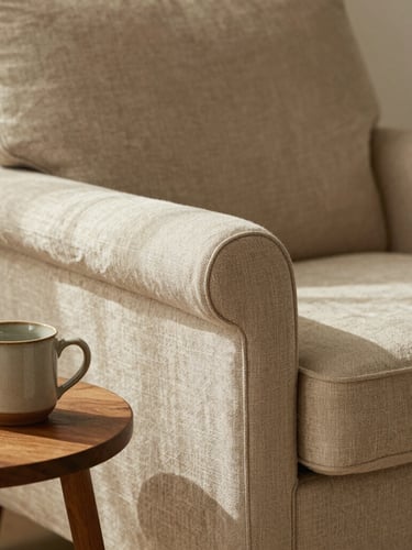Intimate shot of a comfortable linen armchair next to a wooden side table with a ceramic mug, soft diffused morning light, warm sand tones