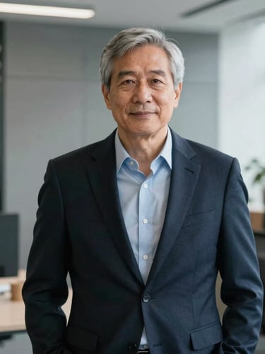 A professional executive portrait of a senior consultant in a modern, sober office environment, soft natural side lighting, shallow depth of field, slate gray and navy color palette, 35mm.