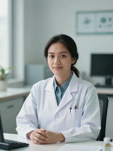 Professional Indonesian female doctor in clean clinical-editorial setting, sitting at desk, soft natural daylight, muted teal tones, shallow depth of field, 35mm