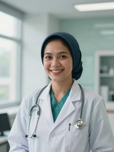 Professional portrait of a female Indonesian physician in a light-filled modern clinic, smiling warmly, soft natural light, shallow depth of field, 35mm editorial photography
