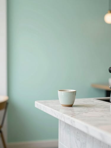 Bright minimalist coffee shop interior detail, soft natural daylight on a mint green wall, a marble counter with a single ceramic cup, shallow depth of field, 35mm