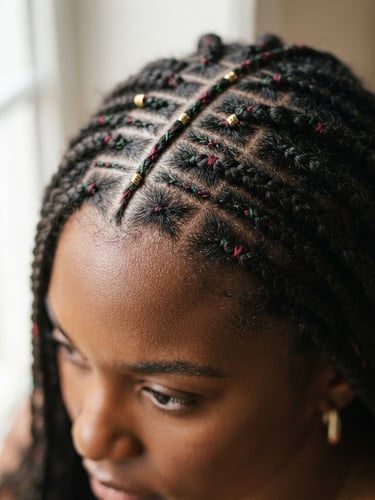 Close-up of clean, precise braid partings on dark hair, soft natural window light, deep crimson and forest green accents, shallow depth of field.