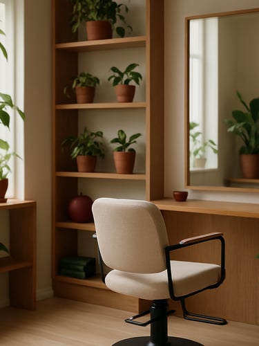 Cozy Scandinavian-inspired salon interior with warm oak wood shelves, lush green potted plants, soft natural daylight, and a comfortable minimalist styling chair.
