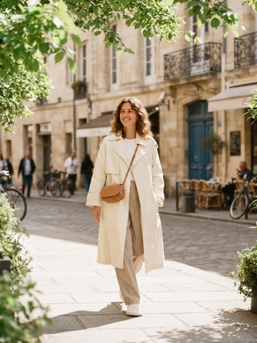 A bright, sunlit portrait of a woman in a relaxed cream trench coat and neutral trousers, walking down a sun-drenched street, soft shadows, fresh green leaves framing the shot, warm-neutral tones, 35mm lens
