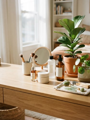 Bright lifestyle photography of a sunlit vanity with clean skincare bottles next to fresh green plants, soft shadows, warm-neutral tones, 35mm lens