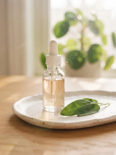 Bright natural daylight, a clean glass skincare bottle next to a fresh sage leaf on a white ceramic tray, soft sun flares