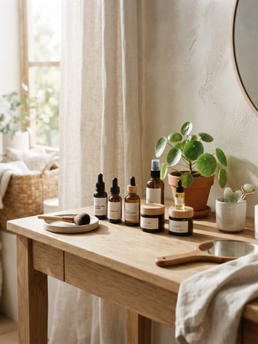 Bright natural lifestyle photography of a cozy sunlit vanity with skincare bottles and a small green plant, warm-neutral tones, soft shadows, 35mm lens