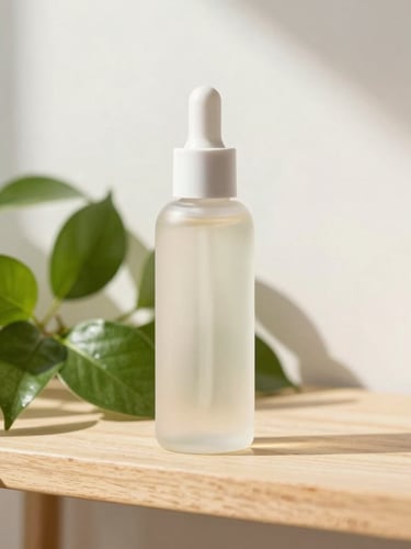 Close-up of a modern skincare bottle next to a fresh green plant on a sunlit wooden shelf, soft shadows, airy background