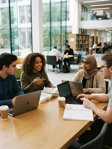 Students collaborating in a modern campus library with natural daylight, clean lines, and professional students working together, 35mm, sharp focus