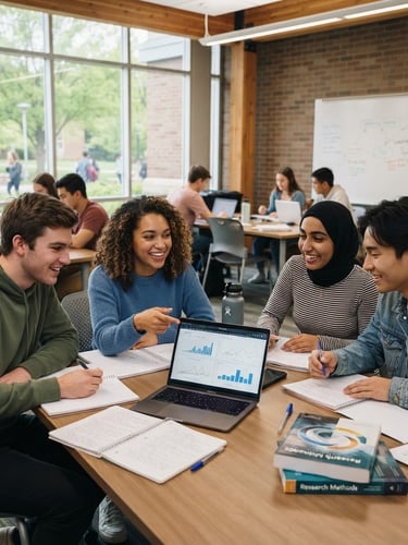 Students collaborating in a modern, well-lit classroom, engaged in a group project, natural daylight, professional academic setting, 35mm, sharp focus.