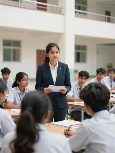 Principal of Unity Degree College engaging with students in a modern campus setting, natural daylight, professional and authentic, 35mm, sharp focus.