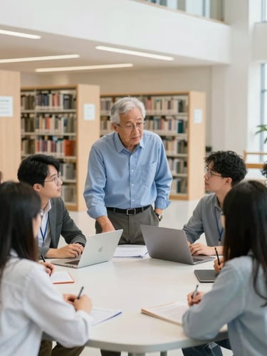 bright editorial photography, natural daylight, a senior faculty member mentoring a small group of students around a table in a bright modern campus library, authentic academic setting, 35mm, sharp focus