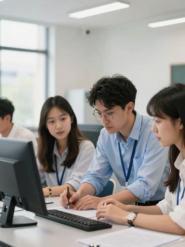 Students collaborating on a project in a modern, brightly lit campus lab, professional and focused, natural daylight, clean modern campus, 35mm, sharp focus