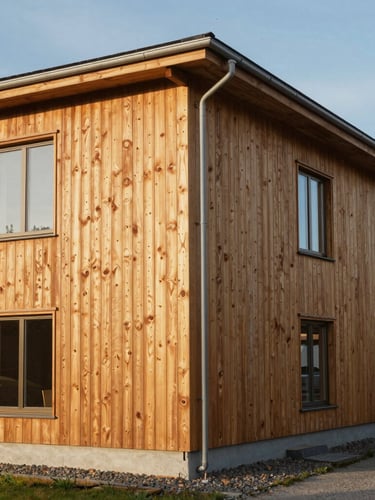 Rak arkitektonisk närbild av hyvlat ljust furuträ, perfekt fogade reglar i en modern träkonstruktion under svalt, naturligt nordiskt dagsljus.