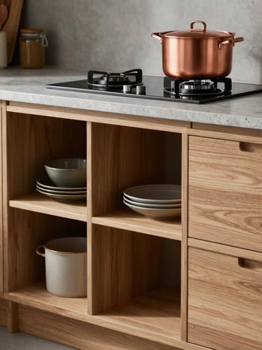 Närbild på ett modernt skandinaviskt kök med skåpsluckor i ek, bänkskiva i ljus natursten och detaljer i koppar under mjukt, naturligt ljus.