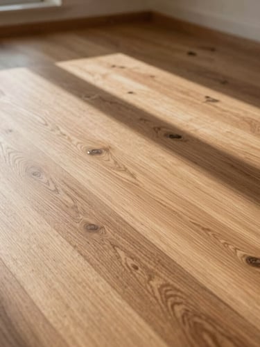 Närbild på fackmannamässigt lagt trägolv i ek under naturligt nordiskt dagsljus, rena linjer och perfekt passform.