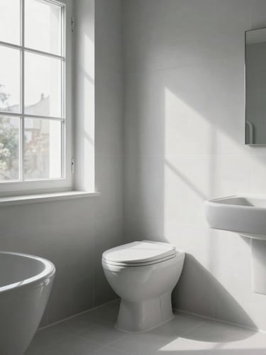 Närbild på perfekt lagt kakel i ett modernt badrum med naturligt ljus från ett fönster, raka fogar och hantverksmässig precision.