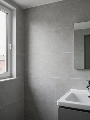 Straight-on architectural photograph of a luxury bathroom renovation in Gothenburg, clean grey tiling, perfect joints, natural light from a side window, focus on craftsmanship.