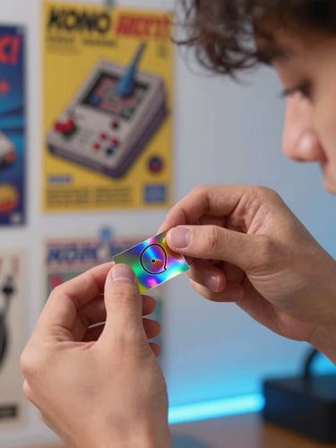 Close-up of a young male creator with retro gaming posters in the background, carefully peeling a vibrant holographic sticker off its backing, warm neon blue accent lighting.