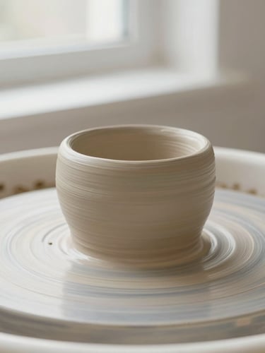 Close-up of raw clay texture on a potter's wheel under soft natural window light, minimalist ceramic photography, muted beige tones, shallow depth of field, 35mm