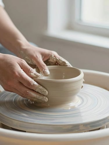 Hands covered in wet clay shaping a small clay bowl on a spinning potter's wheel, soft diffused side light, focus on the texture of the clay.