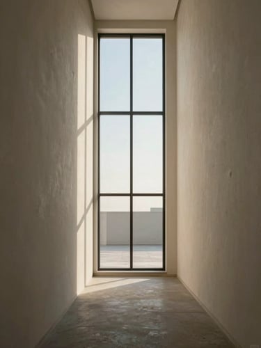 Wide architectural sightline looking down a narrow corridor toward a full-height window, late-afternoon daylight raking across pale plaster walls, the exterior site visible beyond — empty, unstyled, geometry doing the work