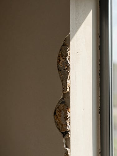 Close macro of a stone-to-plaster wall transition inside a finished home, raking natural daylight from a narrow window reveal to the right, warm shadow tracing the material seam, no furnishings or styling