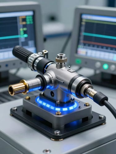 A close-up of a high-pressure common rail fuel injector clamped into a clean-room test bench, with sharp blue LED backlighting and a digital diagnostic screen showing pressure curves.
