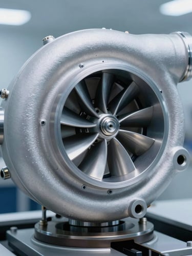 Extreme close-up of a heavy-duty turbocharger impeller on a dynamic balancing machine, bright cool LED lighting, metallic reflections, clean lab background.
