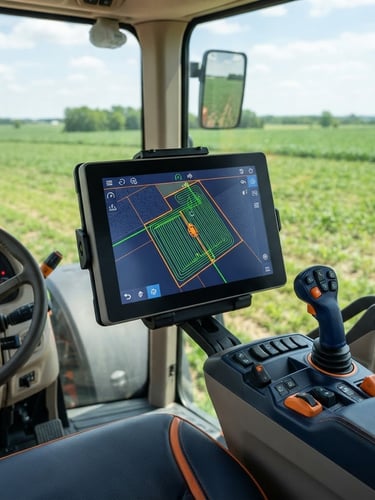 High-brightness touchscreen console mounted in a modern tractor cab, displaying a detailed field map with green guidance lines, bright direct daylight, high-contrast navy and safety orange tones, crisp detail, 50mm